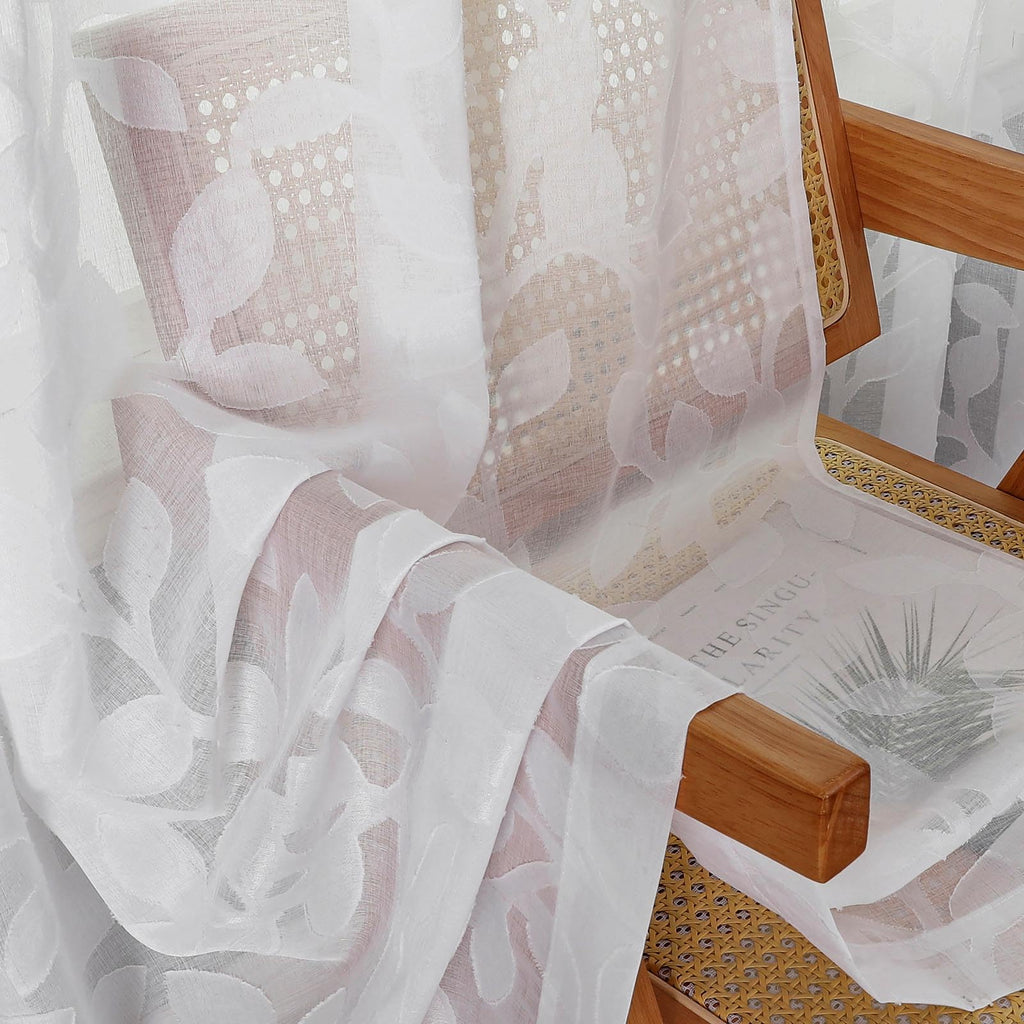 White Sheer Curtains 96 inches Long 2 Panels, Jacquard Clip Leaf Pattern Textured Light Filtering Window Semi Sheer