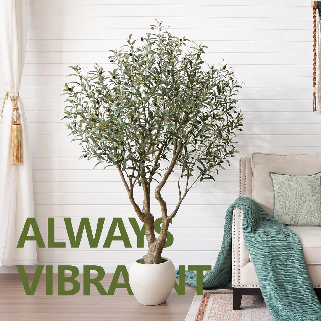 Artificial Olive Tree 6FT Faux Plant Home Decor - Large White Pot with Lifelike Silk Leaves, UV Resistant & No