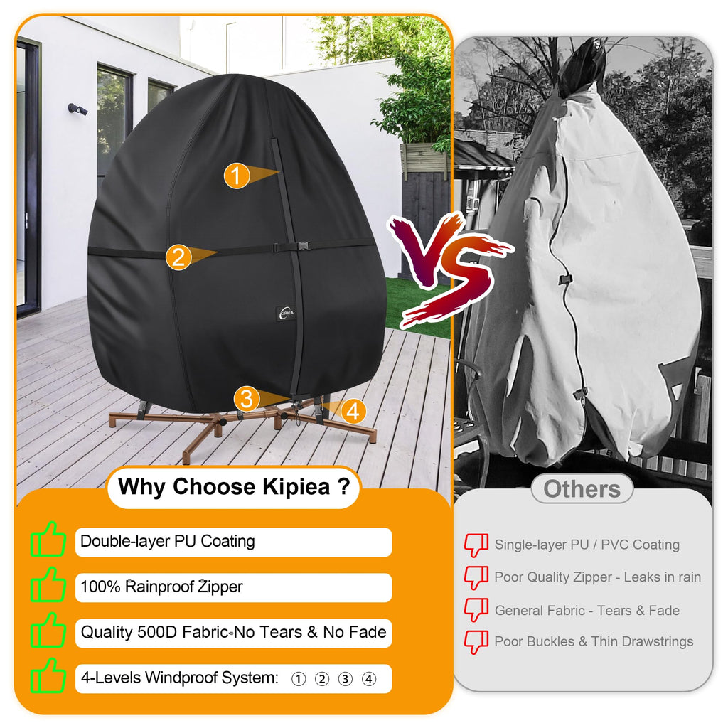 Patio Egg Chair Covers Waterproof, 500D Upgraded Outdoor Hanging Egg Chair Covers with Waterproof Zipper, Double Seat