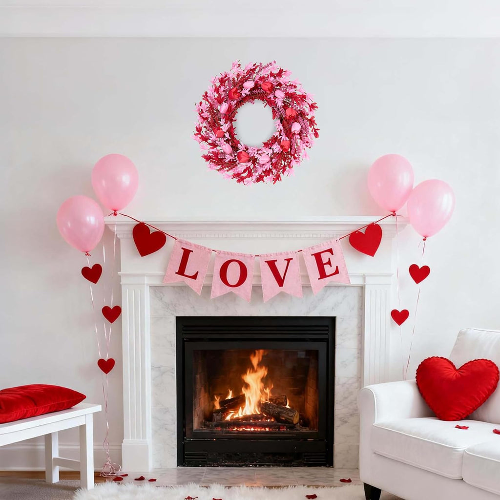 Valentines Day Decorations 22 Inch Valentine's Day Wreath Pink Flower Wreaths for Front Door with Red Tulip Pink