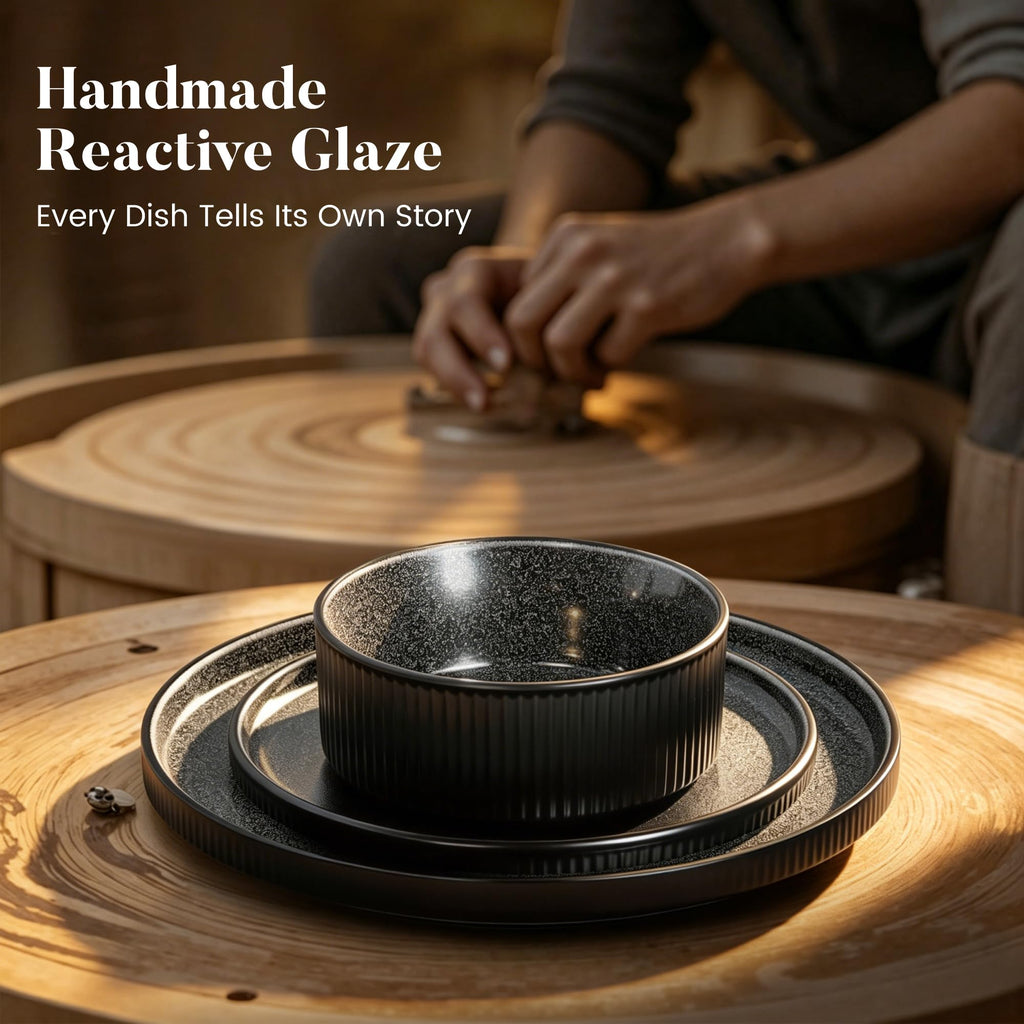 Stoneware Dinnerware Set for 4, Ribbed Plates and Bowls