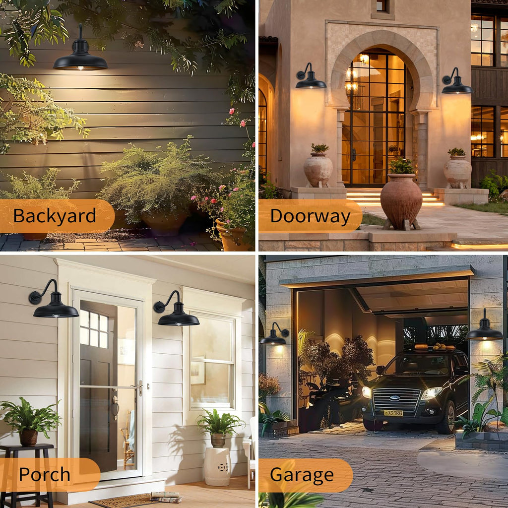 13.8'' Diameter Large Dusk to Dawn Outdoor Gooseneck Barn Light, 2 Packs