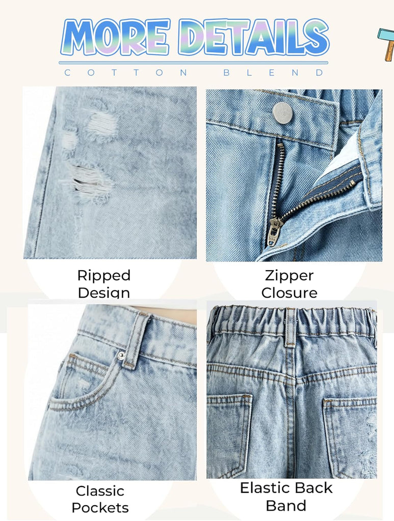 Girls Shorts Elastic Waist Jorts Denim Jean Shorts Ripped Knee Length Bermuda Shorts for Kids Teen Girls Summer