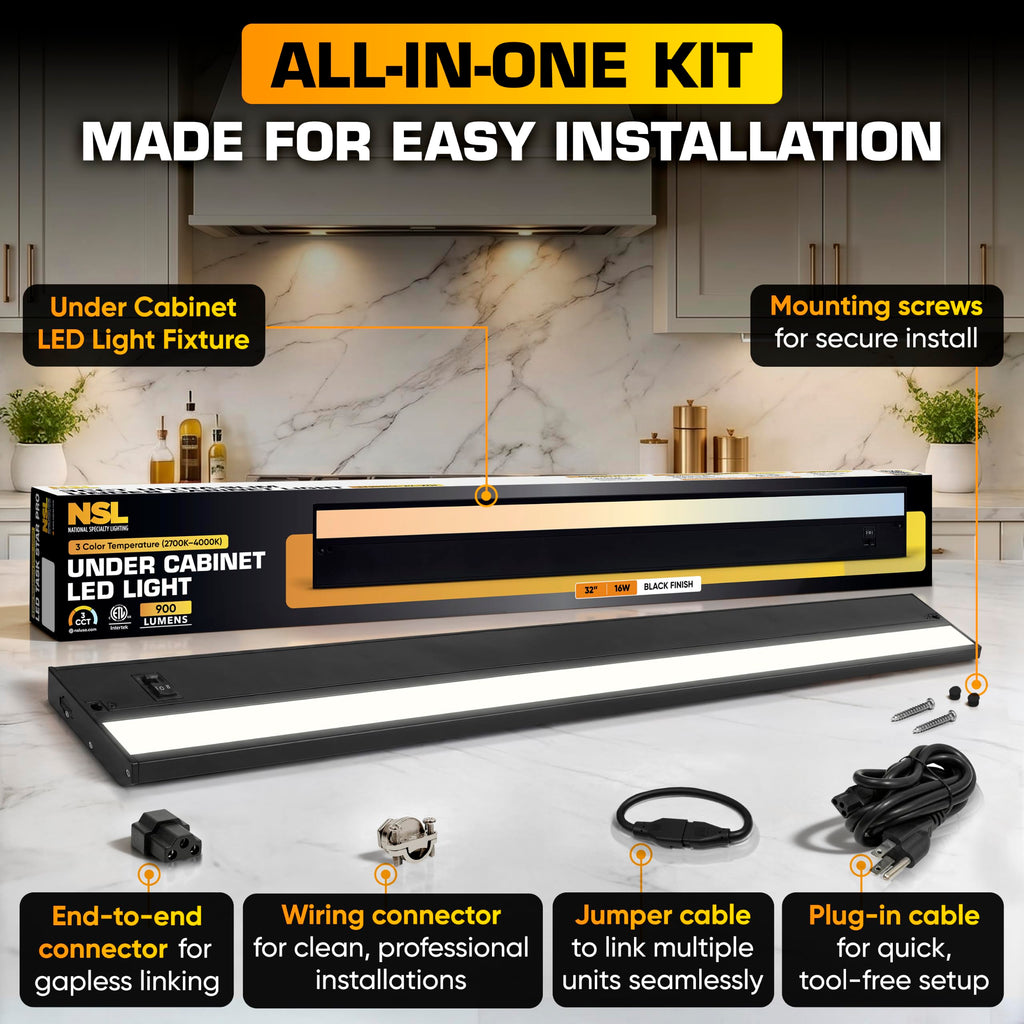 LED Under Cabinet Lighting Hardwired - 3CCT 32 Inch Black Finish - Undercabinet Lights - Linkable Undercounter