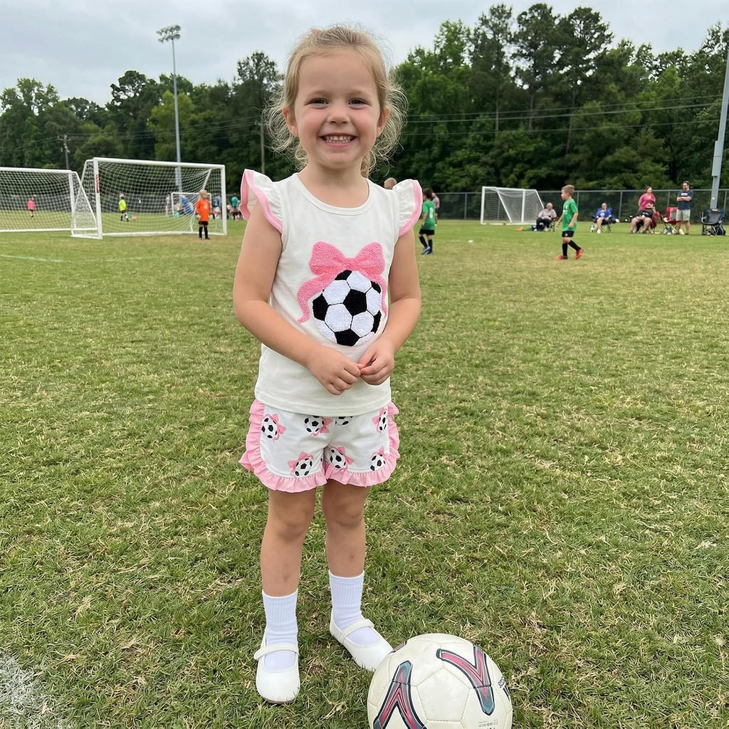 Toddler Baby Girl Soccer Summer Outfits Short Sleeve O Neck Soccer Bow Embroidered Tops Ruffle Trim Shorts Sets