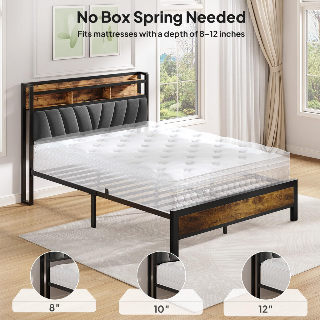 Bed Frame with LED Lights and Charging Station, Vintage Brown