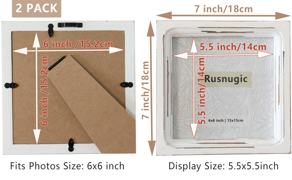 Picture Frames 6x6 Set of 2 Handmade Rustic Wood Frames with Hard Glass - 2 Pack Small Mini Cute Picture frames for
