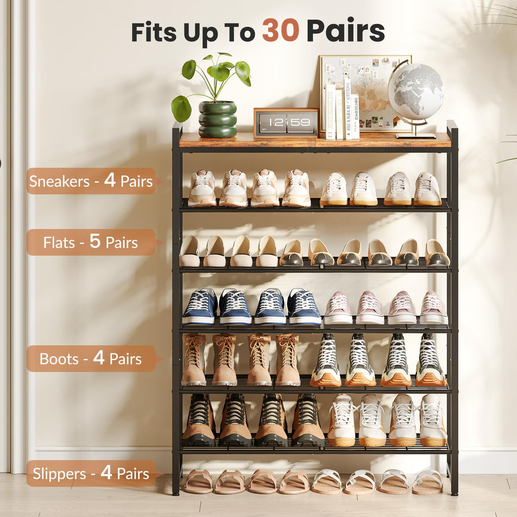 6 Tier Shoe Rack Organizer for 24-30 Pairs, Tall Metal Shoe Storage Shelf with Wood Top, Adjustable Boot Space