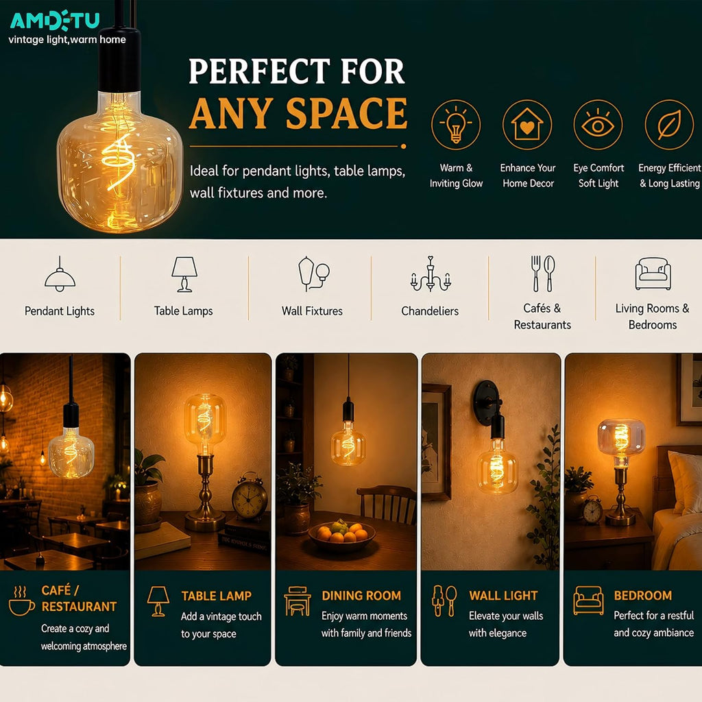 Large Amber Oversized LED Edison Bulb Dimmable 2200K E26 5W (40W Eq) 1PK
