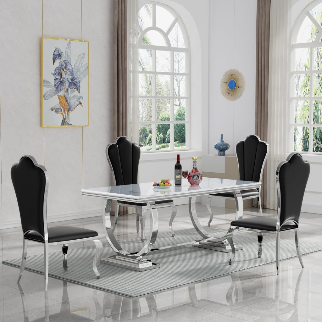 Modern Marble Dining Table for 6-8, 70" Faux Marble Kitchen Table with Silver I-shape Stainless Steel Base, Luxury