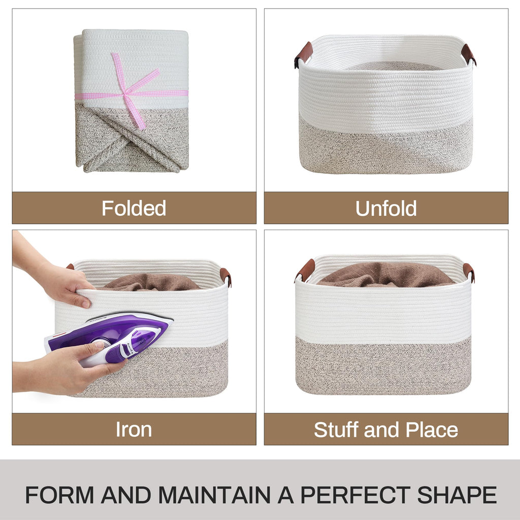 Large Cotton Rope Storage Basket with Leather Handles, Laundry Hamper Basket, 20 "L x 14" W x 12 "H, Durable &