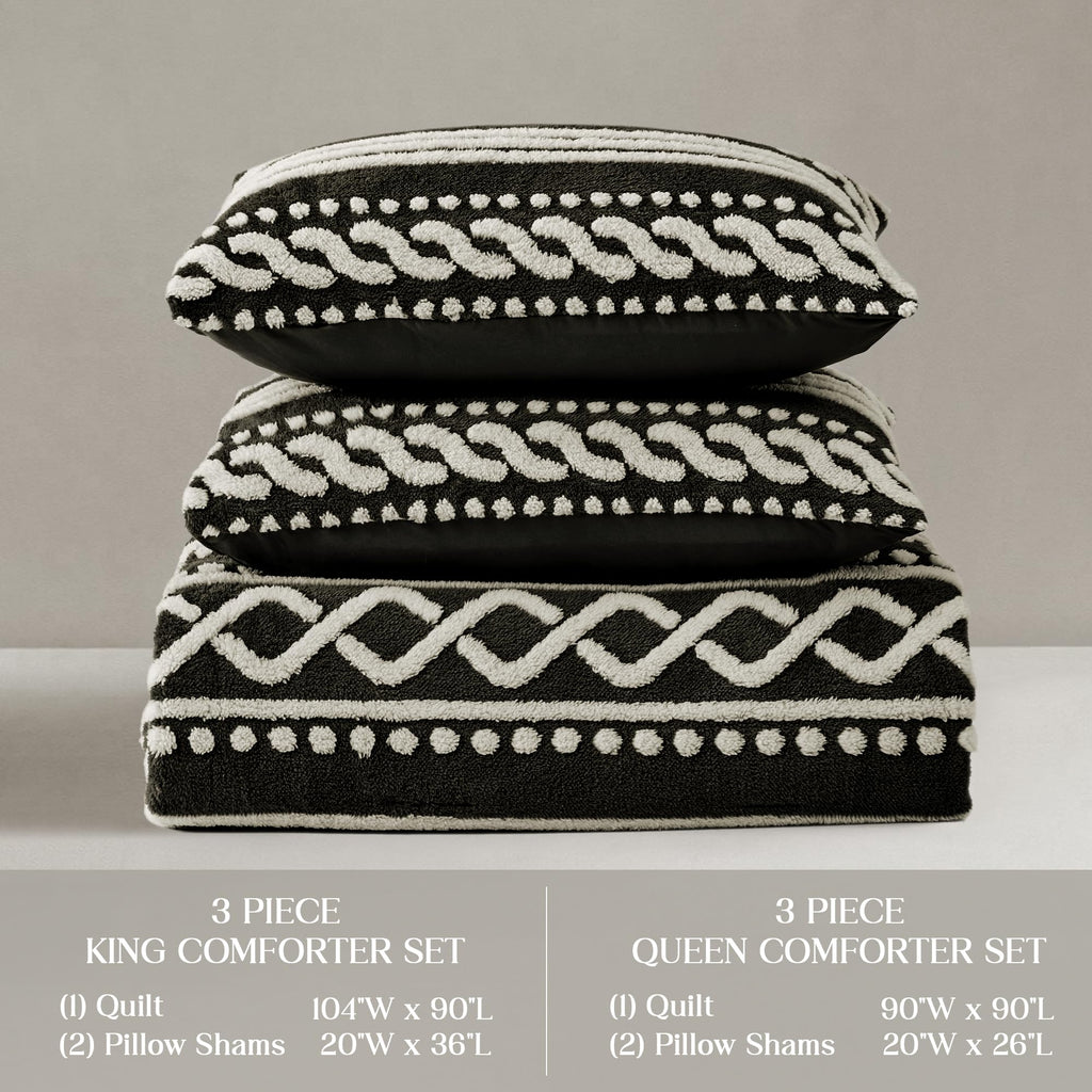 Tufted Boho Comforter, 3 Piece Flannel Fair Isle Geometric Jacquard Lightweight Comforter with Washed Brushed
