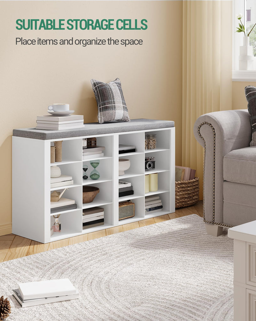 Shoe Storage Bench with Cushion, Entryway 16-Cubby Shoe Rack