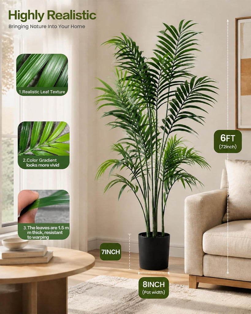 6FT Fake Palm Tree, Tall Artificial Floor Plants with Lifelike Leaves