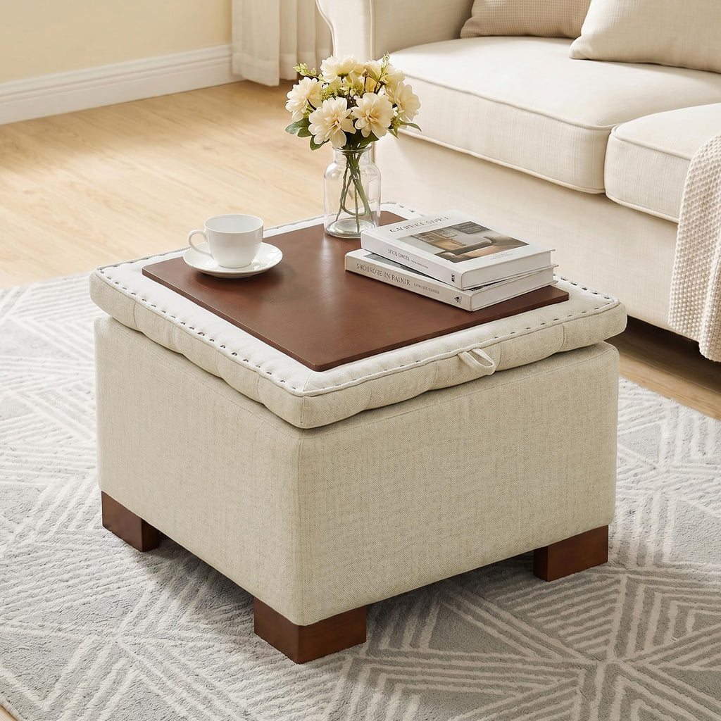 Square Storage Ottoman Coffee Table with Flip Tray, 24" Linen Khaki