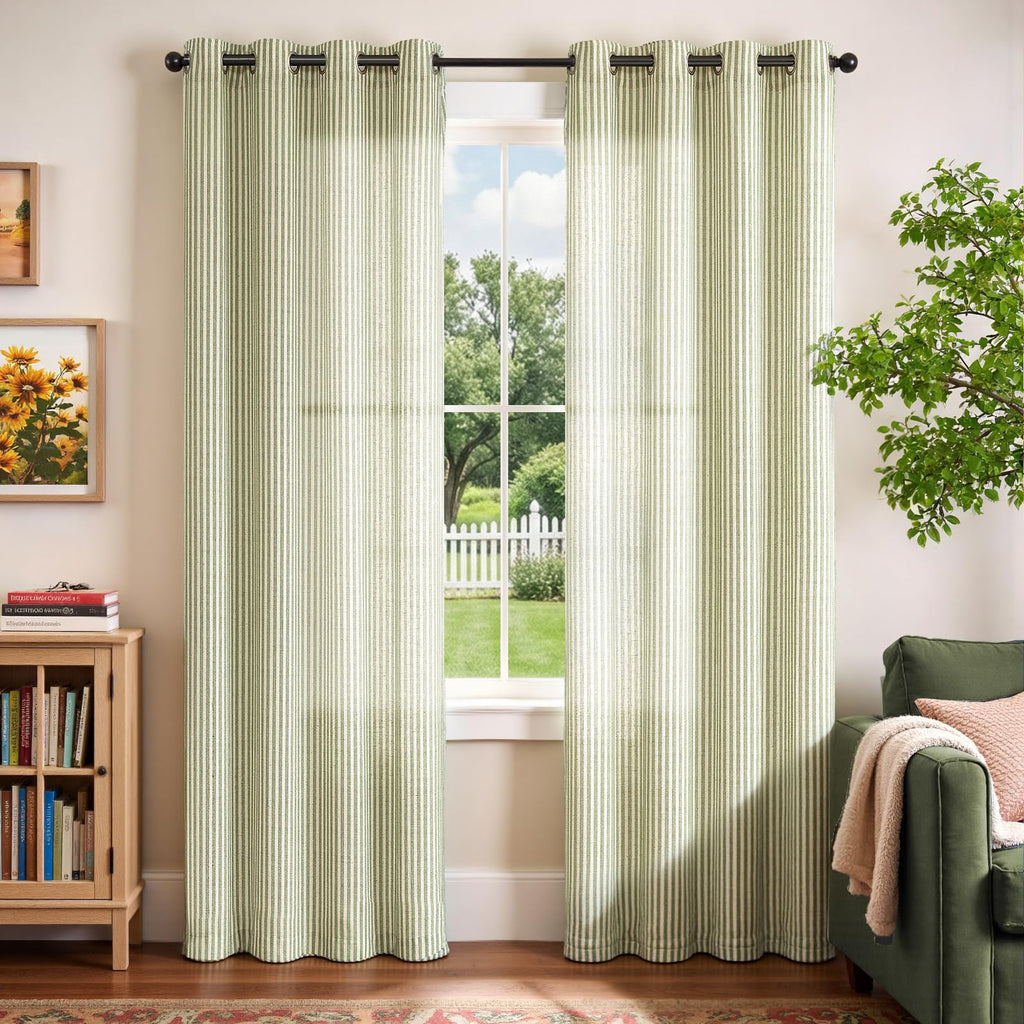 Linen Curtains, Striped Green Curtains 84L, 2 Panels