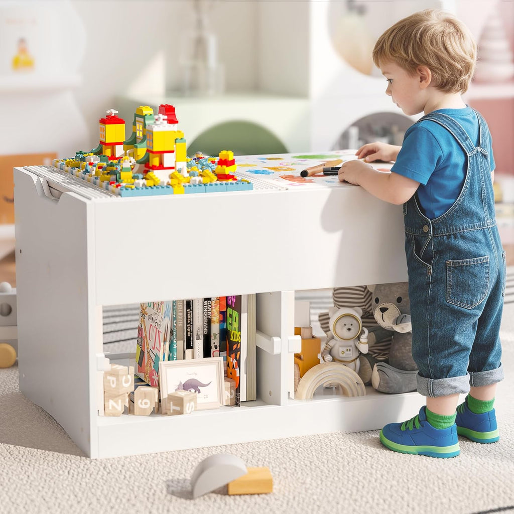 Kid Sensory Table with Storage - Activity Table with Building Block Boards & Foldable Storage Bins, Birthday Gifts