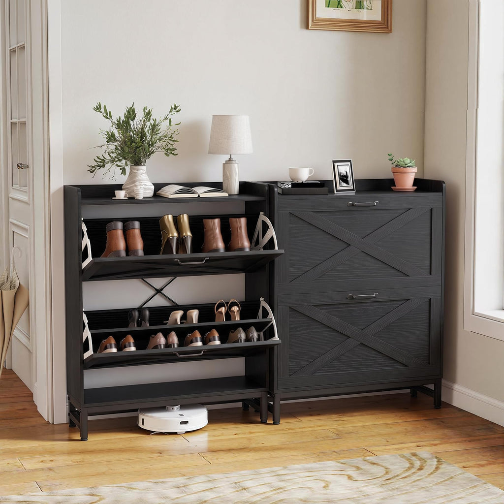 Rustic Farmhouse Shoe Cabinet with 2 Flip Drawers