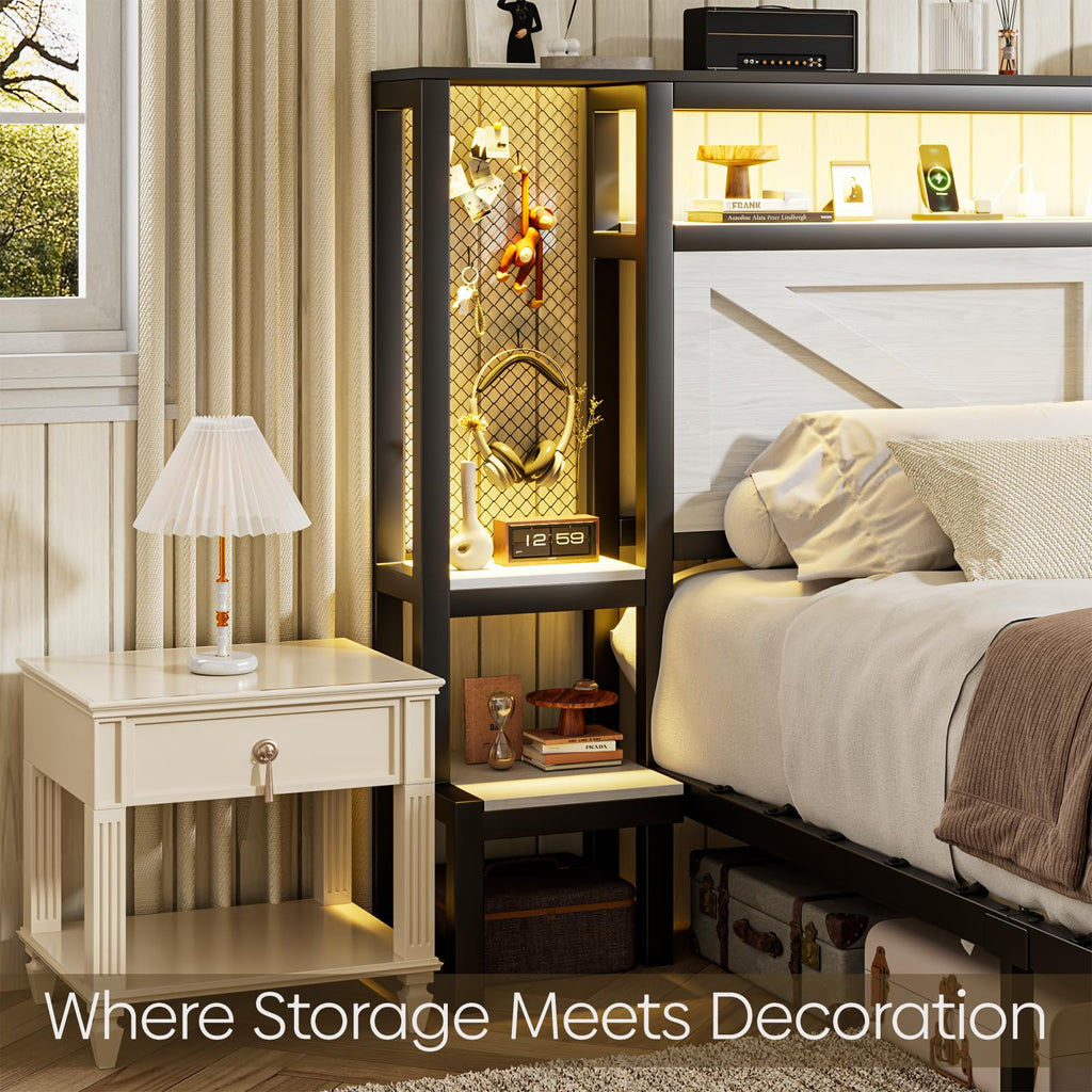 Rustic Bed Frame with Storage Born Door Headboard and Bedside Storage, Industrial Farmhouse Metal Platform