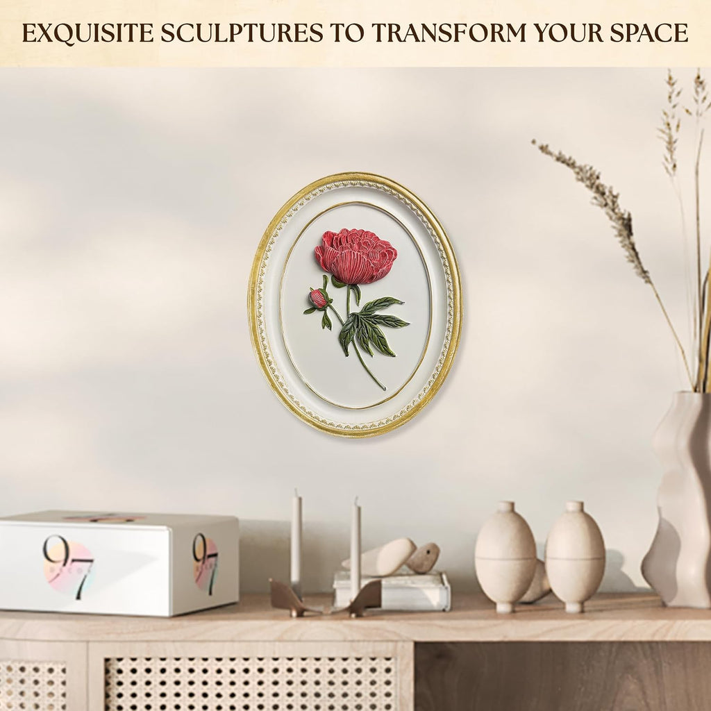 Oval Peony Wall Sculpture, 3D Resin Floral Art, 9.5x7.8