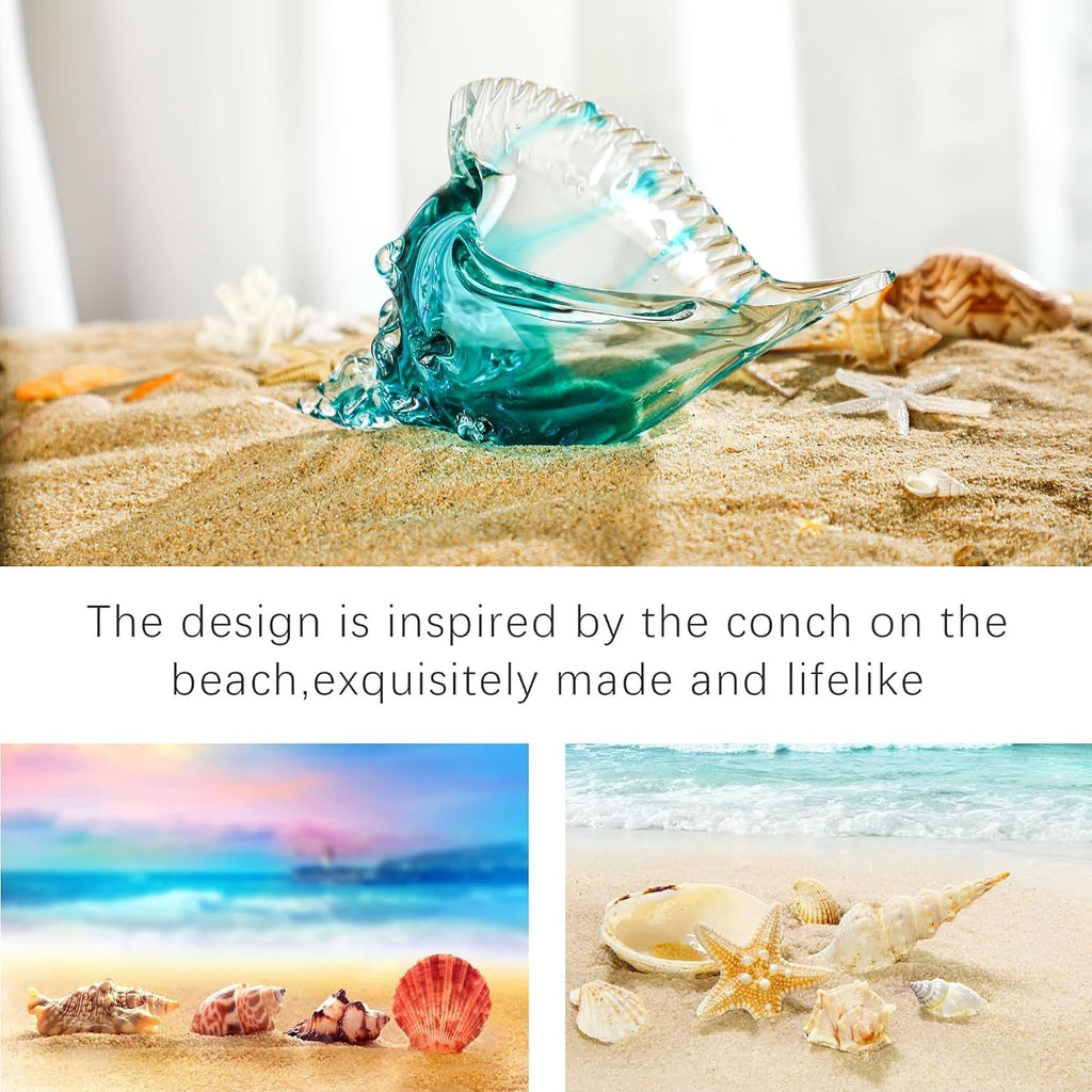 Blown Glass Conch Shell Sculpture, 8.2" Sea Glass Art Decor