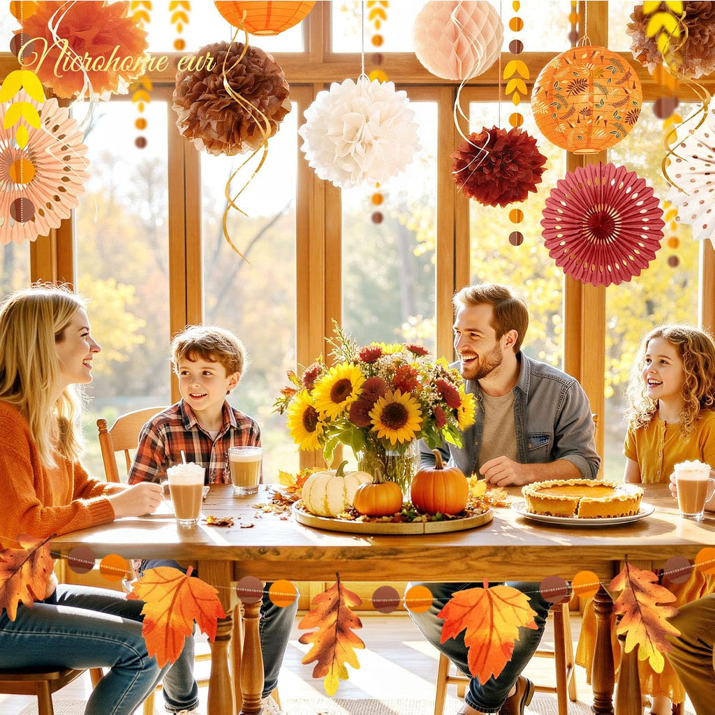 Fall Thanksgiving Decor with Pom Poms Lanterns Fans Garlands - Set of 21