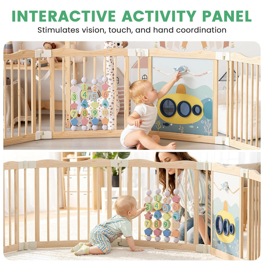 Foldable Wooden Playpen, 55 x 55 x 24 inches, Ocean Adventure, Natural | Adjustable Wood Baby Play Yard with