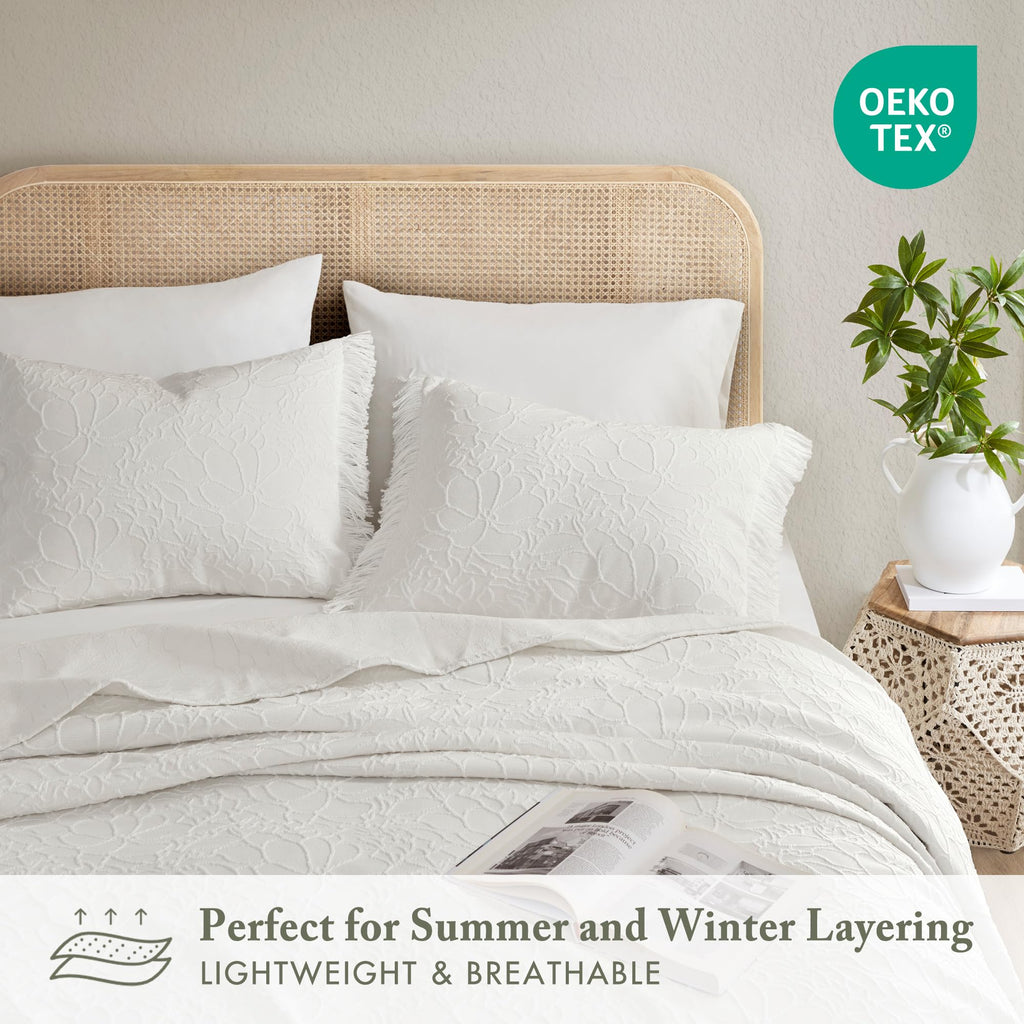 King Bedspread Oversized Chenille Floral Bespread with Fringes, King Bedding Set Cozy Quilt, All Season Lightweight