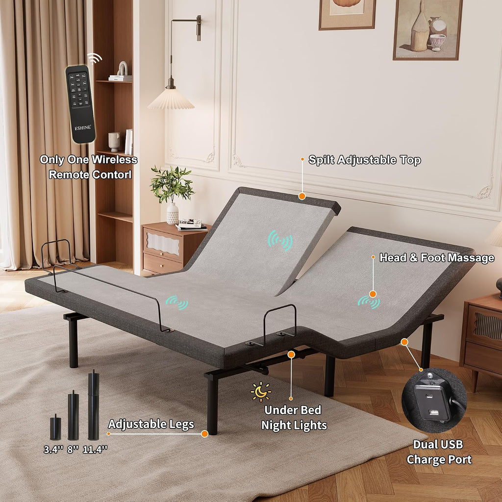 Split Top King Adjustable Bed Frame, Zero Gravity, Underbed Light - Set of 2