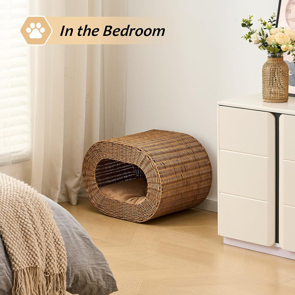 Cat House, Handwoven Cat Cave Pet Cube, Rattan Cat Beds Indoor Kitten House with Double-Sided Soft Cushions, Pet Cat