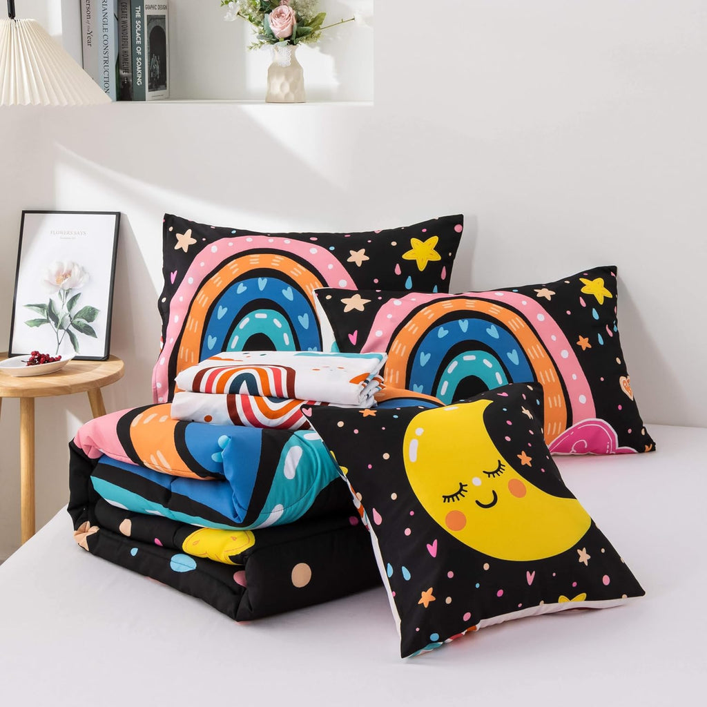 5 Piece Black Rainbow Comforter Set for Girls Boys Kids, Cartoon Cute Moon Stars Bedding Set, Bed in a Bag with