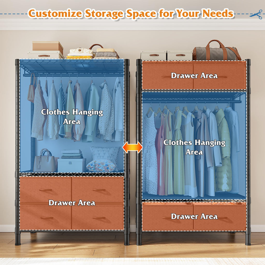 Clothes Rack, Heavy Duty Portable Closet with 4 Drawers 4 Shelves