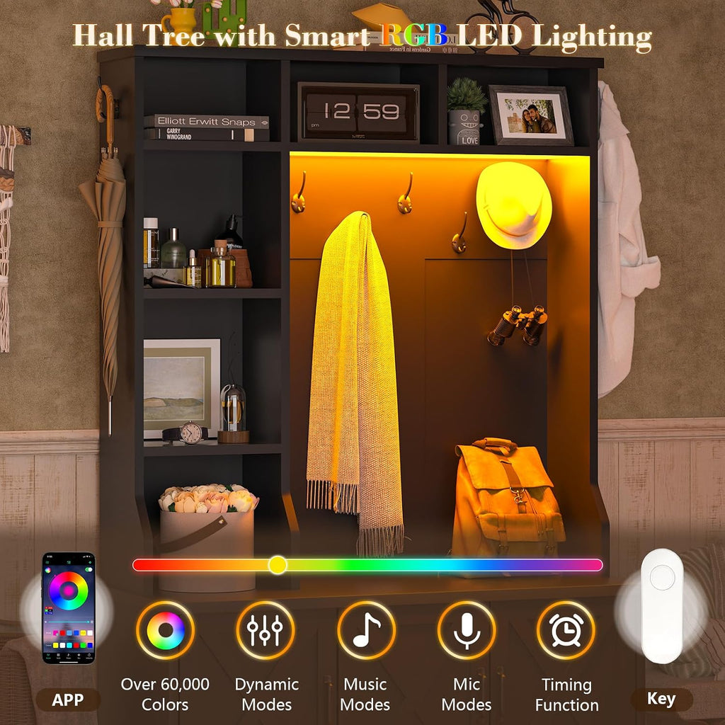 Hall Tree with Bench and Shoe Storage, Farmhouse Entryway Bench with Coat Racks and Led Lights, Black Tall Hall Tree