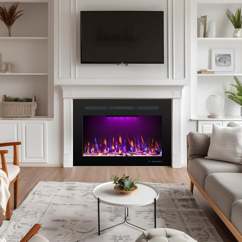 27.1" W Rear Electric Fireplace Inserts with Thermostat, Recessed Fireplace Heater with 3 Flame & Top Light Color