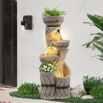 36" H Garden Water Fountains Outdoor, Waterfall Fountain with Lights | 4-Tier Large Cascading Leaf Carving Indoor