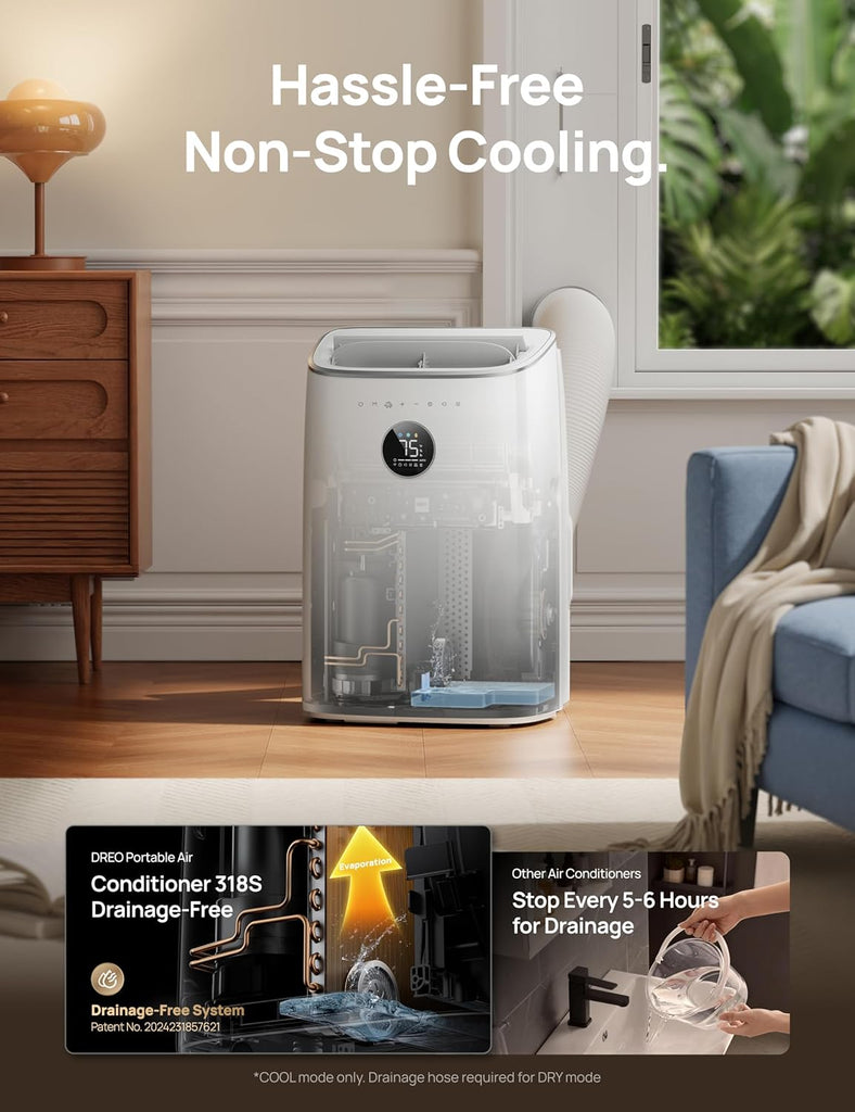 Portable Air Conditioner 318S, 8000 BTU ASHRAE (5000 BTU DOE) Smart AC Unitwith Drainage-free Cooling