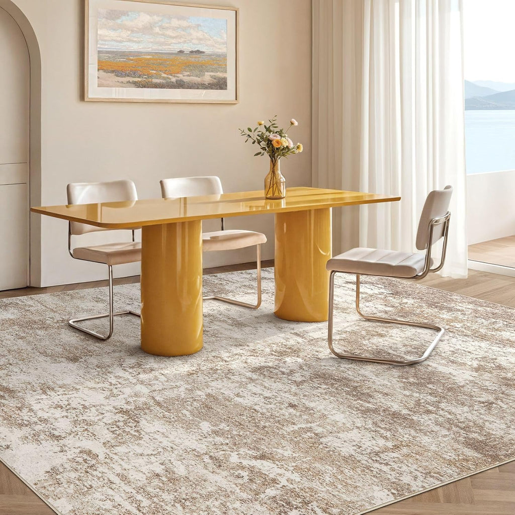 Area Rug Living Room - 9X12 Abstract Washable Large Soft Foldable Non Slip Rug Neutral Modern Low Pile Carpet