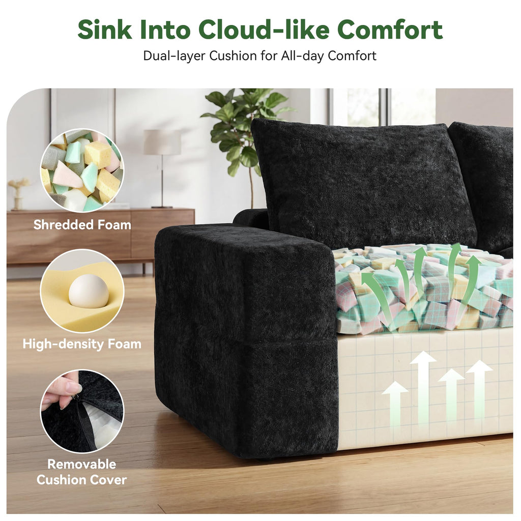 130" U Shaped Modular Sectional Sofa, 8 Seat Cloud Couch, Black