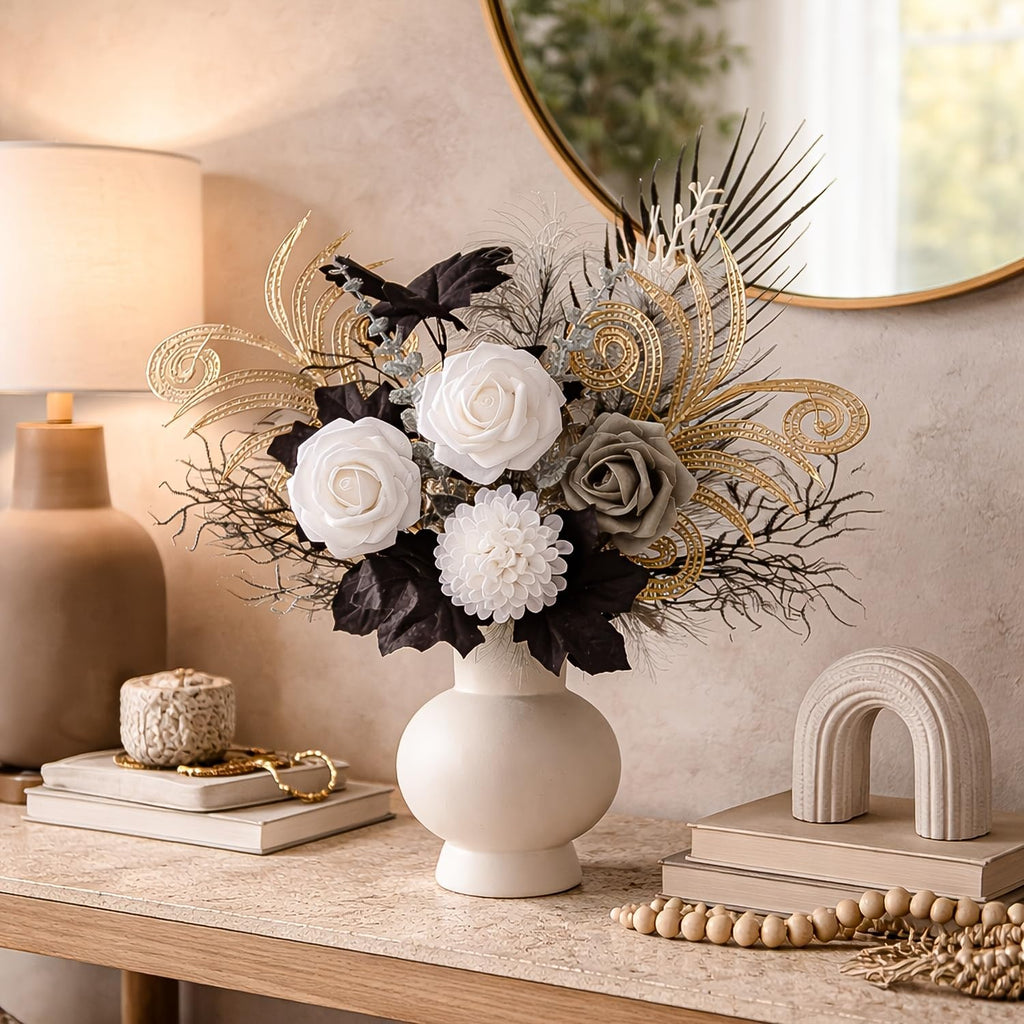 17" Gothic Metallic Texture Black Gold Bouquet,Artificial Silk White Rose - Set of 14