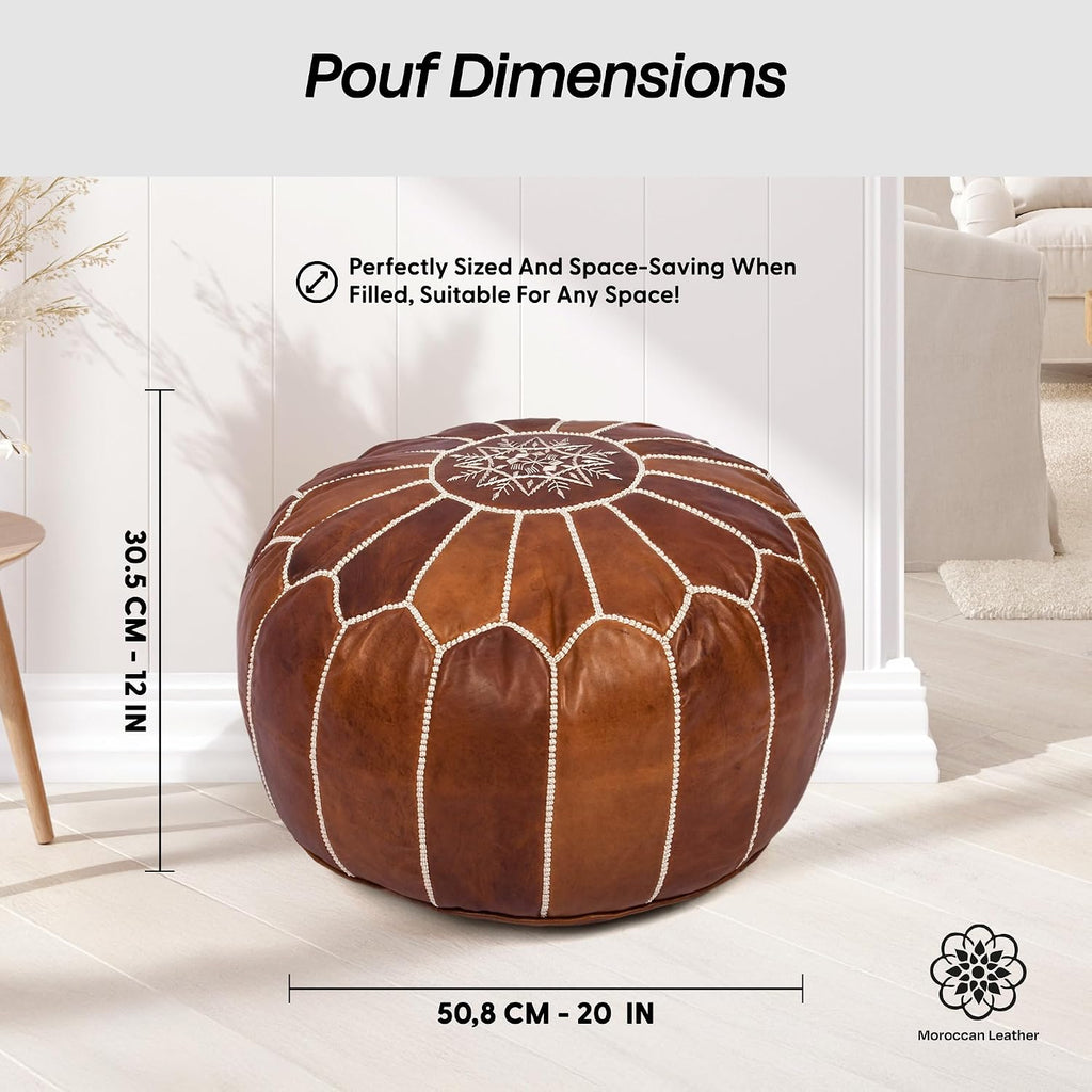 Pouf Ottoman Cover, Unstuffed Foot Stool, Round Boho Footrest Decor Gift (Dark Tan By White)