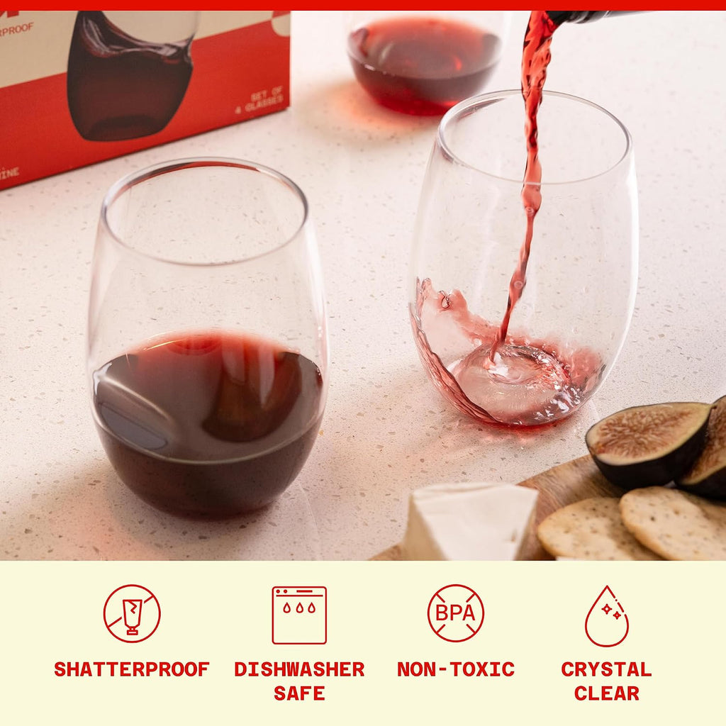 Unbreakable Plastic Wine Glasses - Stemless Shatterproof Tritan Glassware, Fancy Cups That Look Like Glass, 16oz, Set