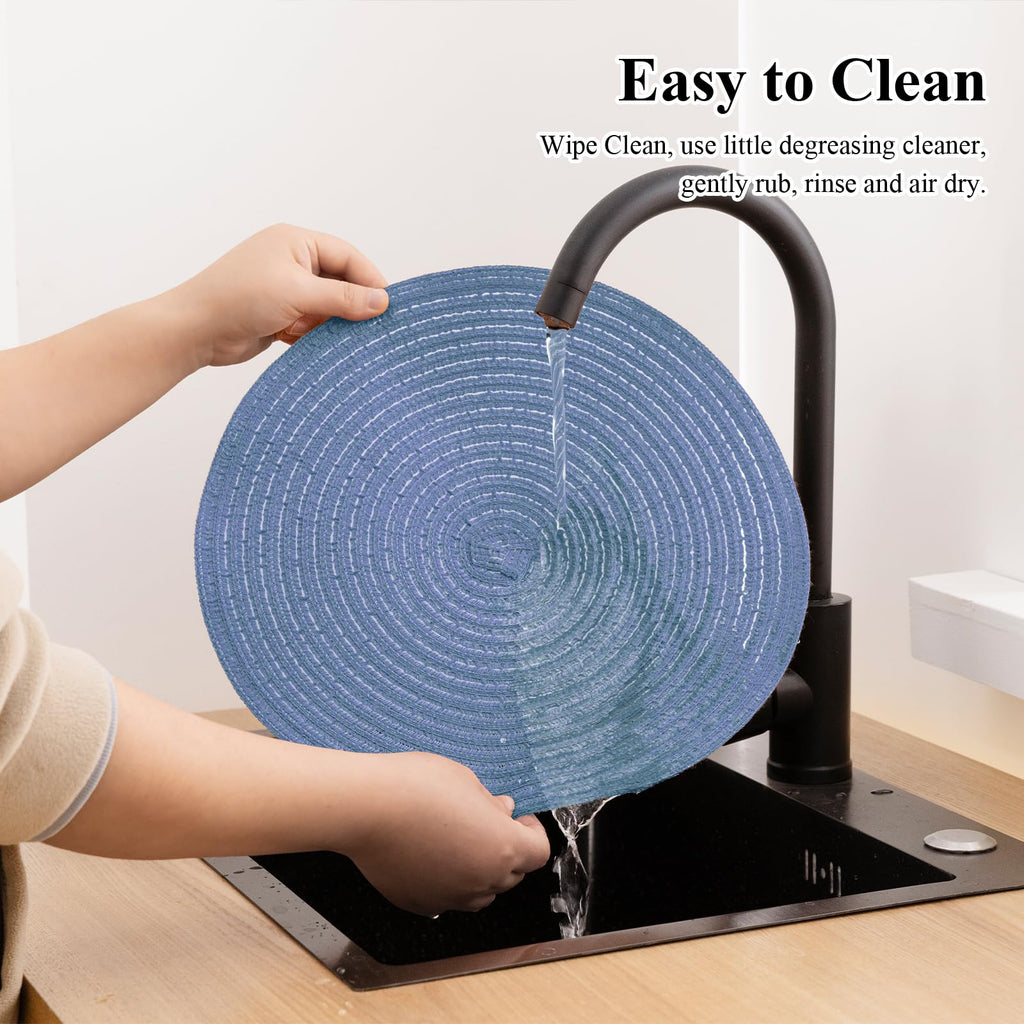 13" Round Braided Placemats Set of 6, Dusty Blue Washable Place Mats