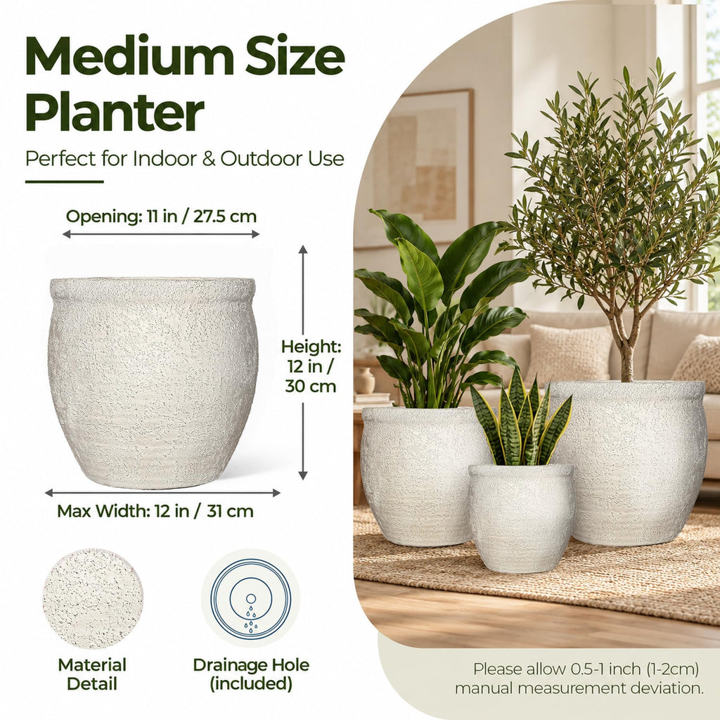 12" Dia Fiberstone Planter - Modern Farmhouse Indoor/Outdoor Flower Pot, Beige Container with Grainy Matte Texture &