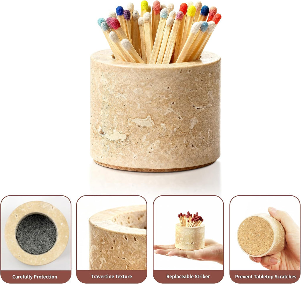 Travertine Match Holder with Striker, 2.6" x 2" Matches in a jar - Set of 2