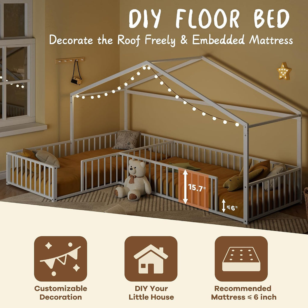 Double L-Shaped Montessori Bed, Metal Corner Hose Bed Frame with Fence, House-Style Floor Bed for 2