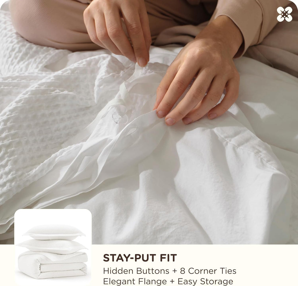 Cotton Duvet Cover King - 100% Cotton Waffle Weave Coconut White Duvet Cover King, PureWoven Breathable Bedding Set
