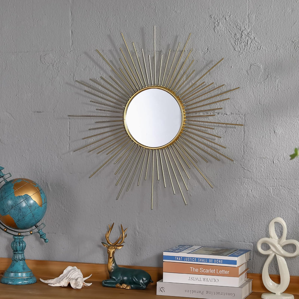 24'' Large Gold Sunburst Mirror, Metal Starburst Mirrors, Mid-Century Modern Sun Mirror Wall Decor, and Entryway
