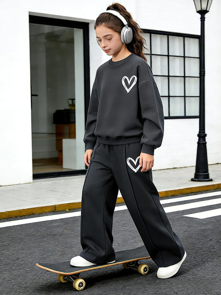 Clothes Tracksuit Set Sweatshirt & Wide Leg Pants with Heart Print Casual Outfit