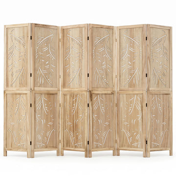 6 Panel Boho Room Divider with Carved Palm Leaf Pattern, Natural