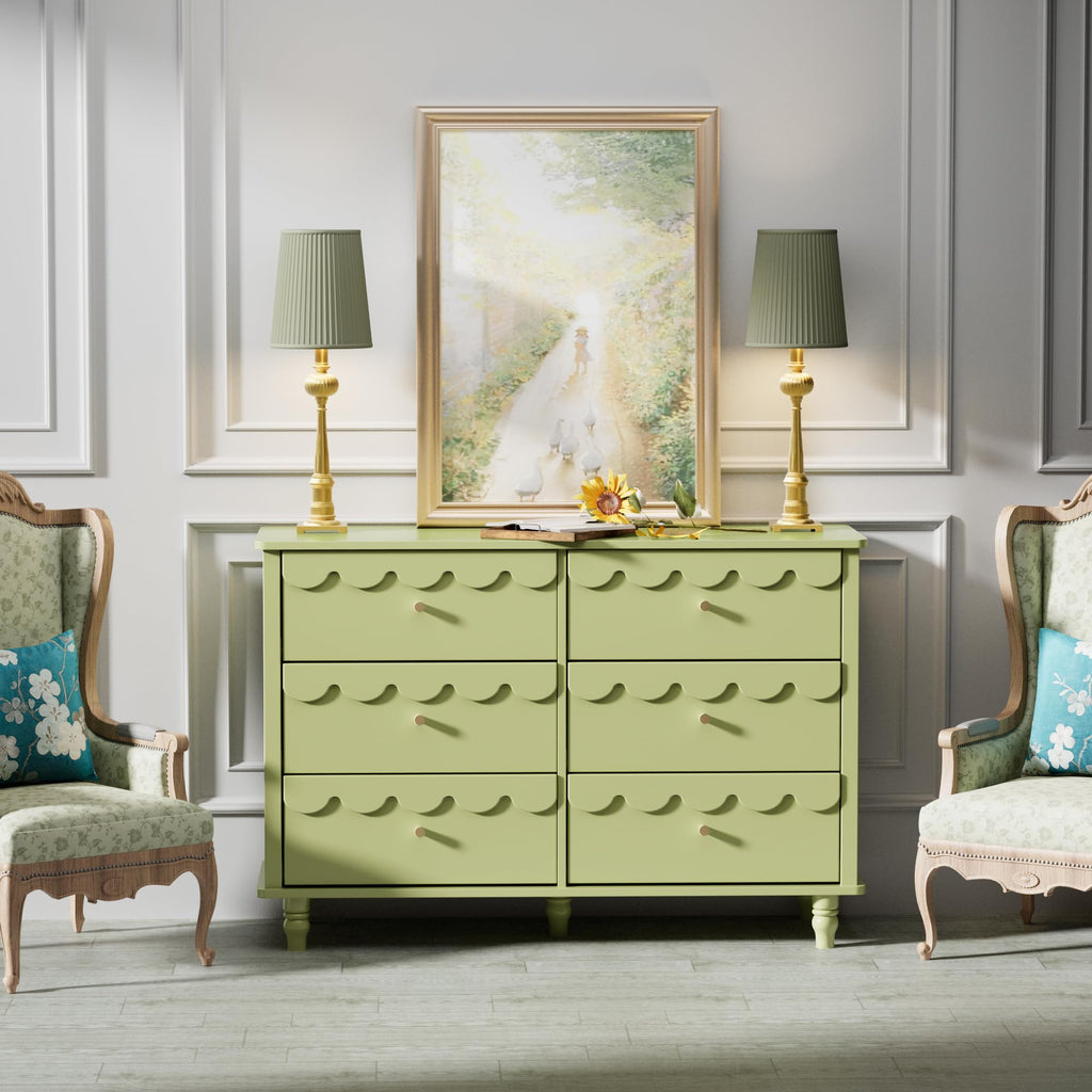 Scalloped Dresser Green 6 Drawer Dresser, Modern Wide Chest of Drawers, Scalloped Organizer Storage with Drawers